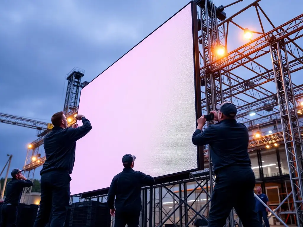 Equipe montando painel de LED em evento